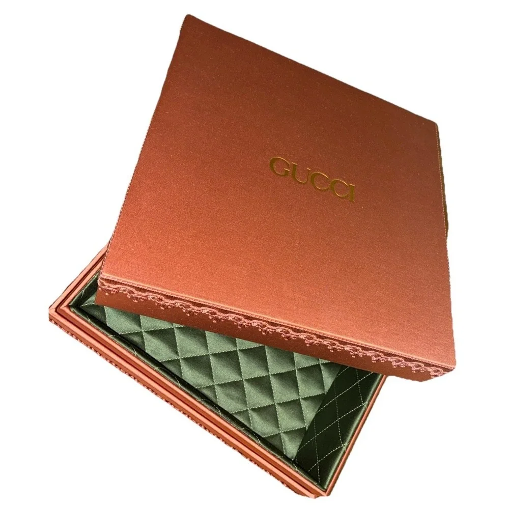 Gucci Gift Box Satin Dusty Rose Green Quilted  Lining 10x10x3.5
